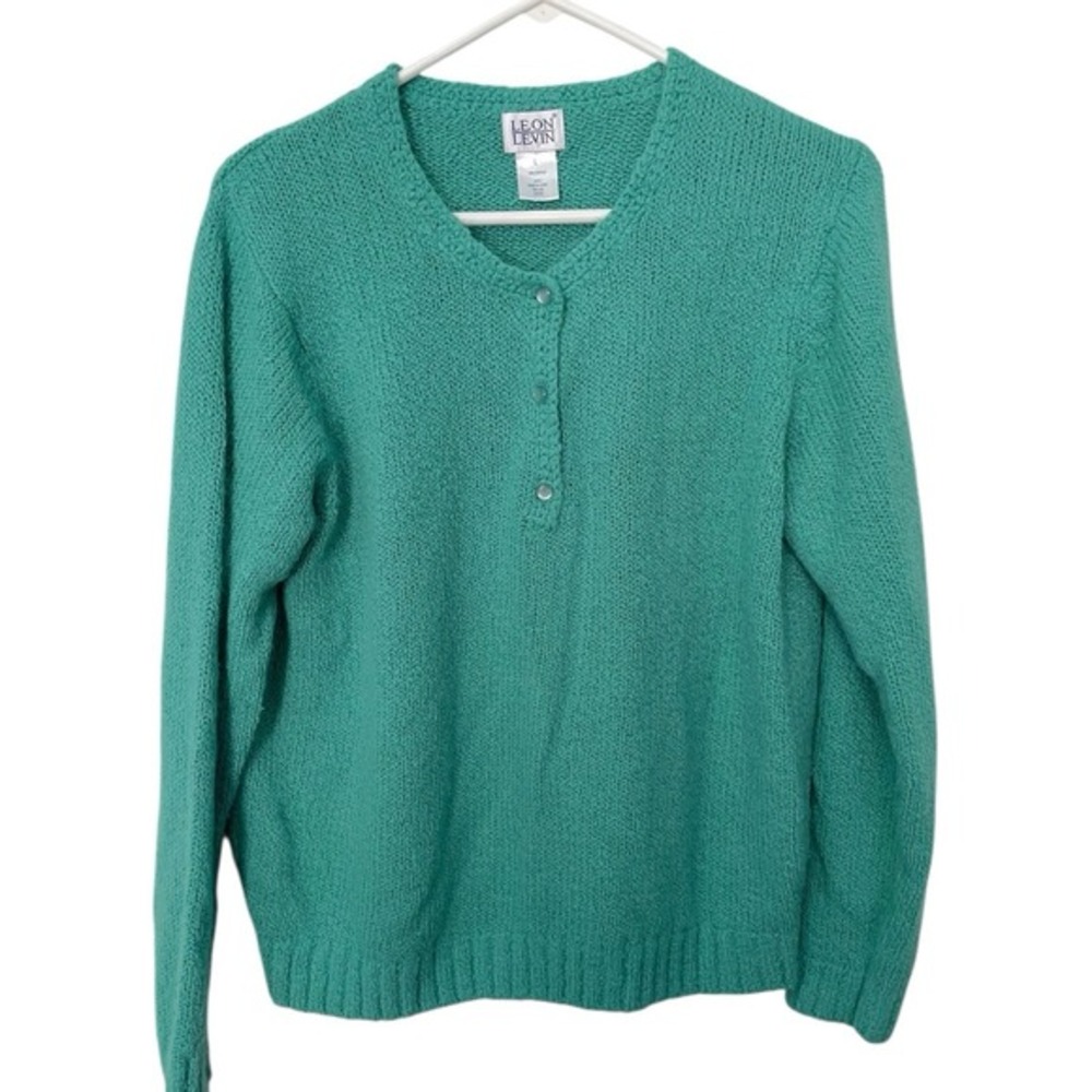 Leon Levin L Teal Green Sweater Henley Button Crew Neck Knit‎ Preppy Coastal